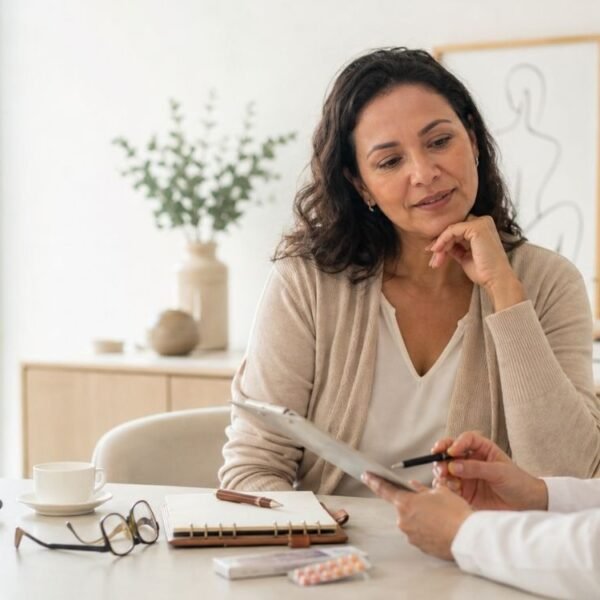 Mulher na faixa dos 40 anos conversando com profissional de saúde sobre anticoncepcional na perimenopausa.