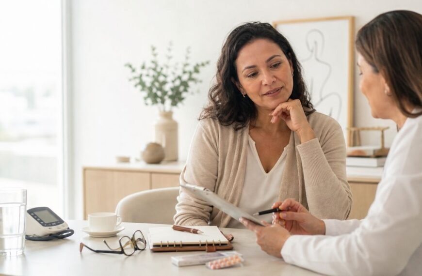 Mulher na faixa dos 40 anos conversando com profissional de saúde sobre anticoncepcional na perimenopausa.