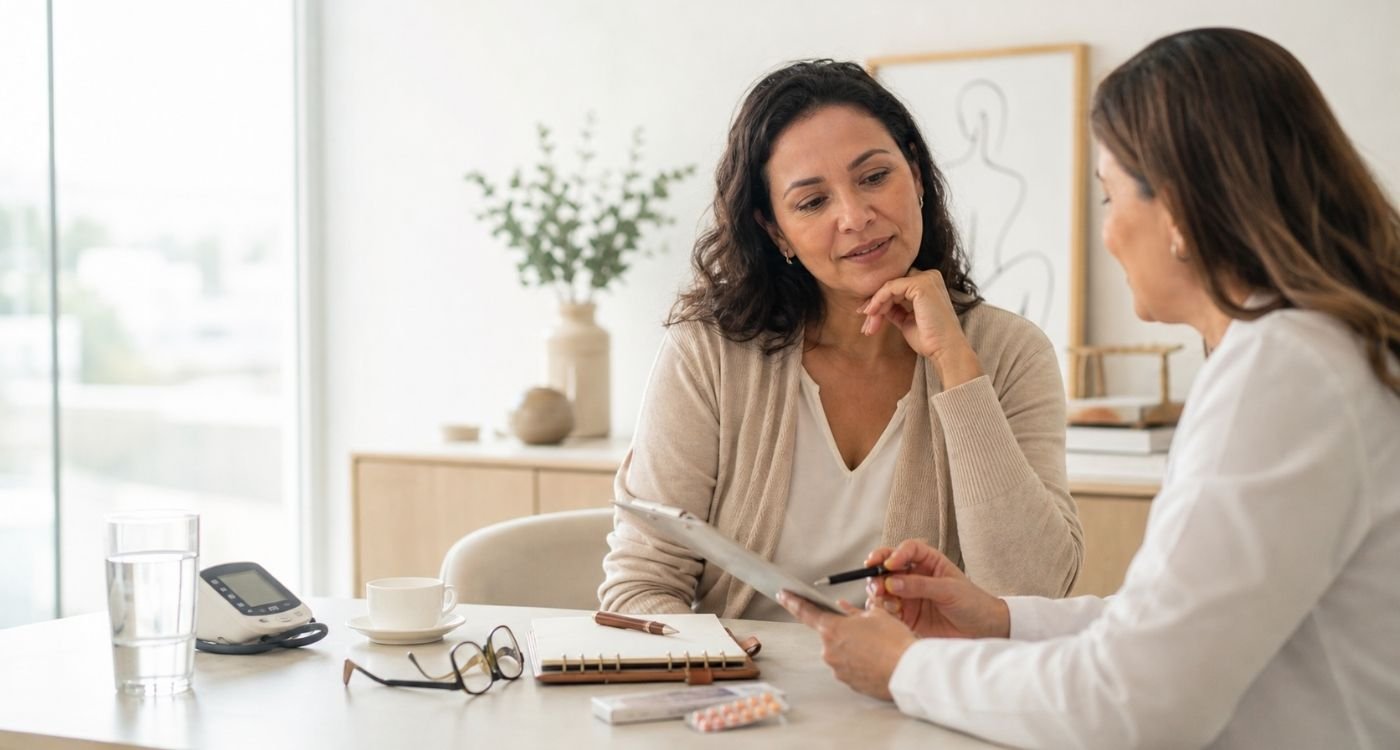 Mulher na faixa dos 40 anos conversando com profissional de saúde sobre anticoncepcional na perimenopausa.