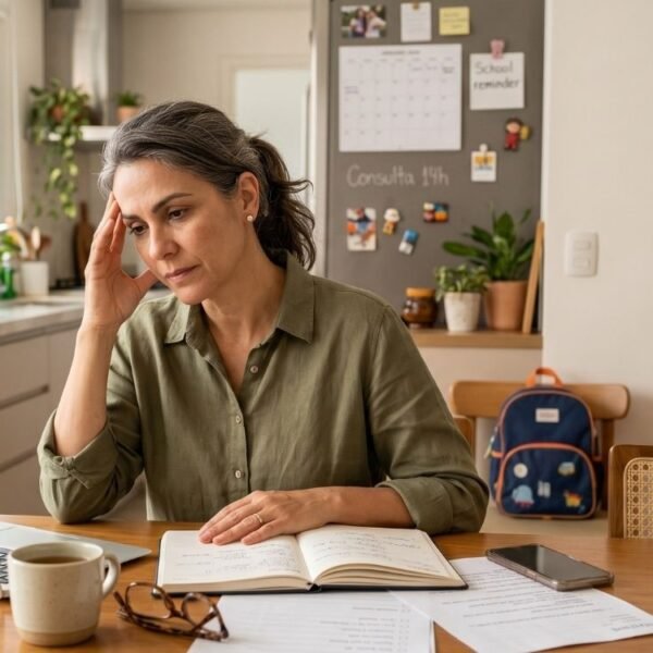 mulher 40+ organizando tarefas de casa e trabalho, representando carga mental na menopausa e trabalho invisível