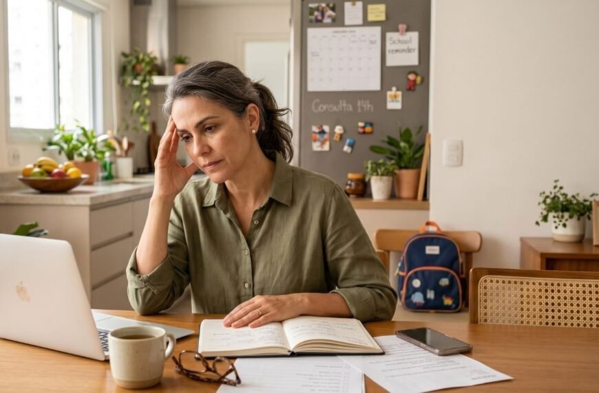 mulher 40+ organizando tarefas de casa e trabalho, representando carga mental na menopausa e trabalho invisível