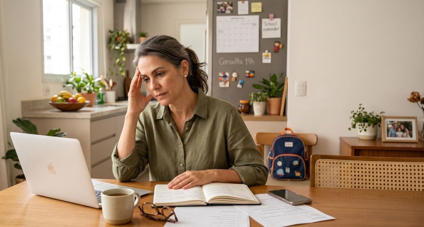 mulher 40+ organizando tarefas de casa e trabalho, representando carga mental na menopausa e trabalho invisível