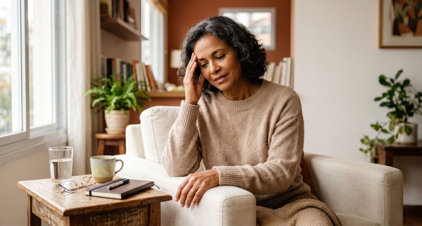 Mulher 40+ tocando a testa com leve desconforto, representando cefaleia na menopausa.