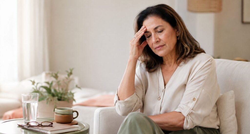 Mulher 40+ tocando a testa com leve desconforto, representando cefaleia na menopausa.