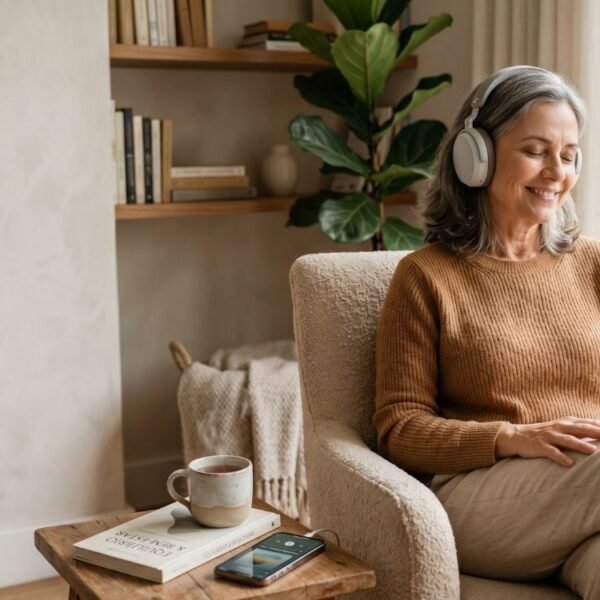 Mulher ouvindo música com fones de ouvido em casa, representando cuidados com o cérebro na menopausa.