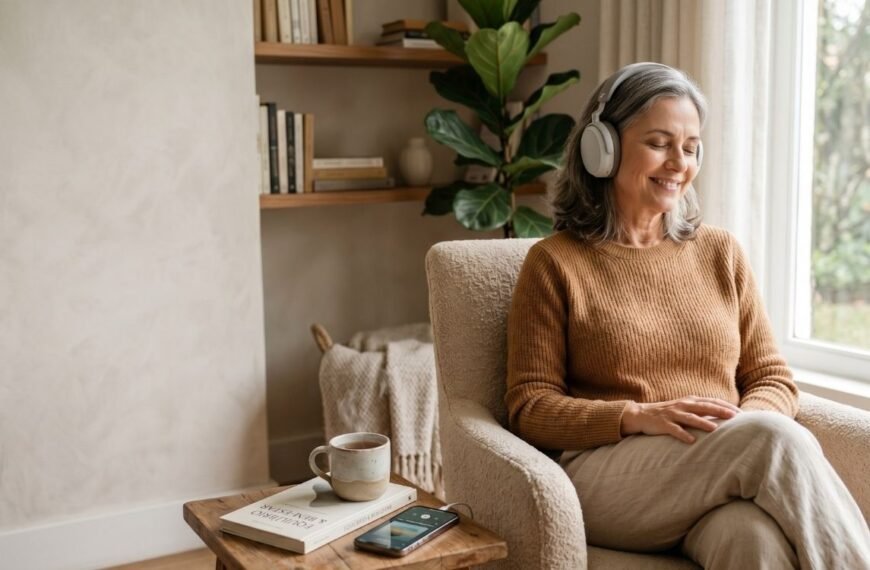 Mulher ouvindo música com fones de ouvido em casa, representando cuidados com o cérebro na menopausa.