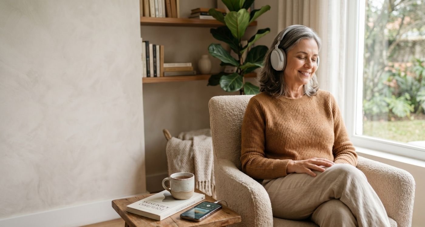 Mulher ouvindo música com fones de ouvido em casa, representando cuidados com o cérebro na menopausa.