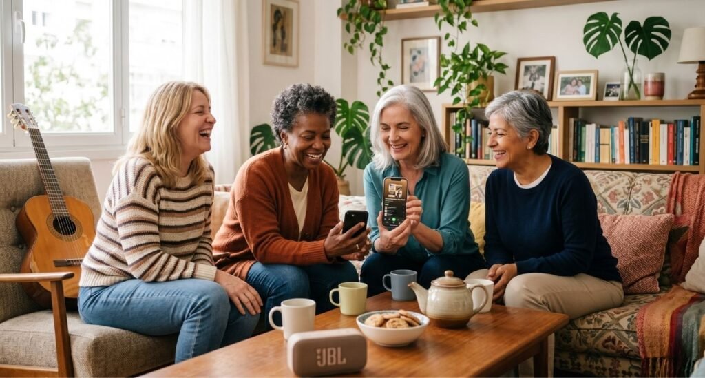 Mulheres maduras compartilhando música em um encontro acolhedor, simbolizando socialização e cérebro na menopausa.