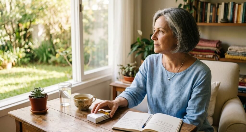 Mulher 50+ refletindo sobre cigarro na menopausa em ambiente acolhedor, simbolizando autocuidado e decisão de parar de fumar.