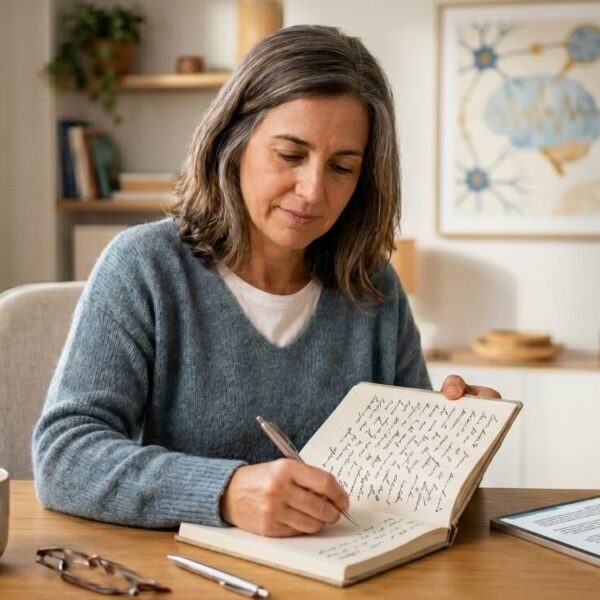 Mulher 40+ anotando sintomas sobre esclerose múltipla e menopausa.