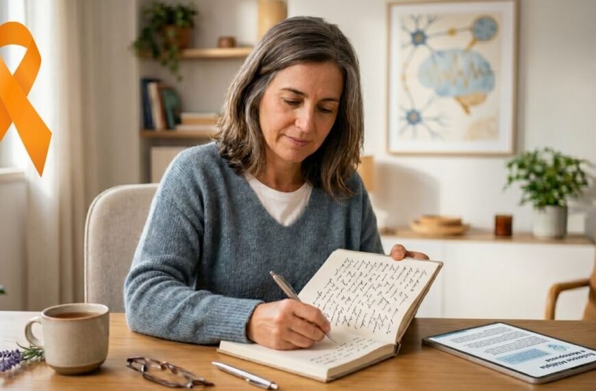 Mulher 40+ anotando sintomas sobre esclerose múltipla e menopausa.