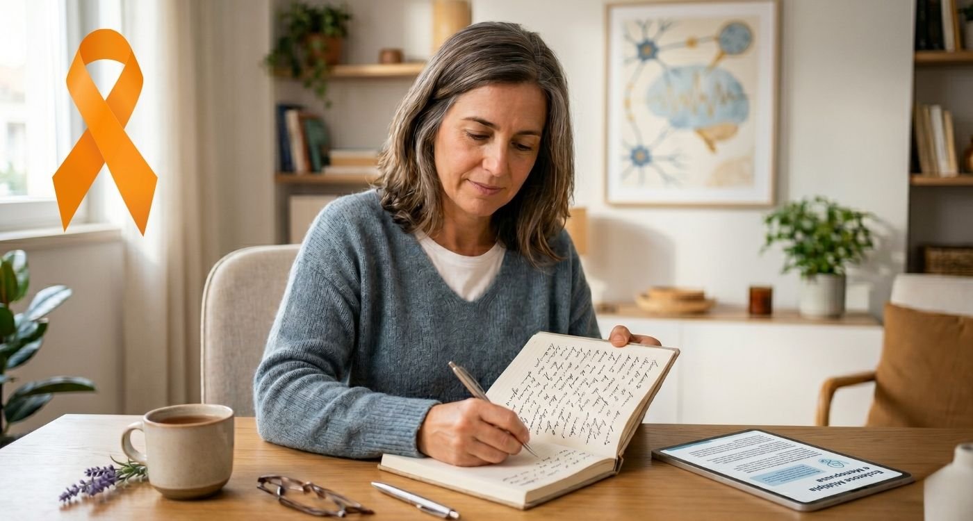 Mulher 40+ anotando sintomas sobre esclerose múltipla e menopausa.