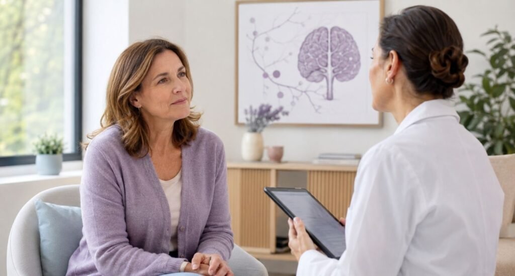 Mulher 40+ em consulta médica sobre esclerose múltipla e menopausa.