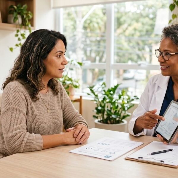 Mulher na perimenopausa conversando com médica sobre exames hormonais na menopausa em consulta acolhedora.