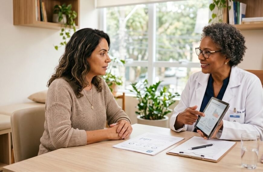 Mulher na perimenopausa conversando com médica sobre exames hormonais na menopausa em consulta acolhedora.