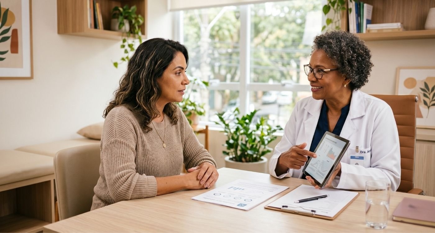 Mulher na perimenopausa conversando com médica sobre exames hormonais na menopausa em consulta acolhedora.