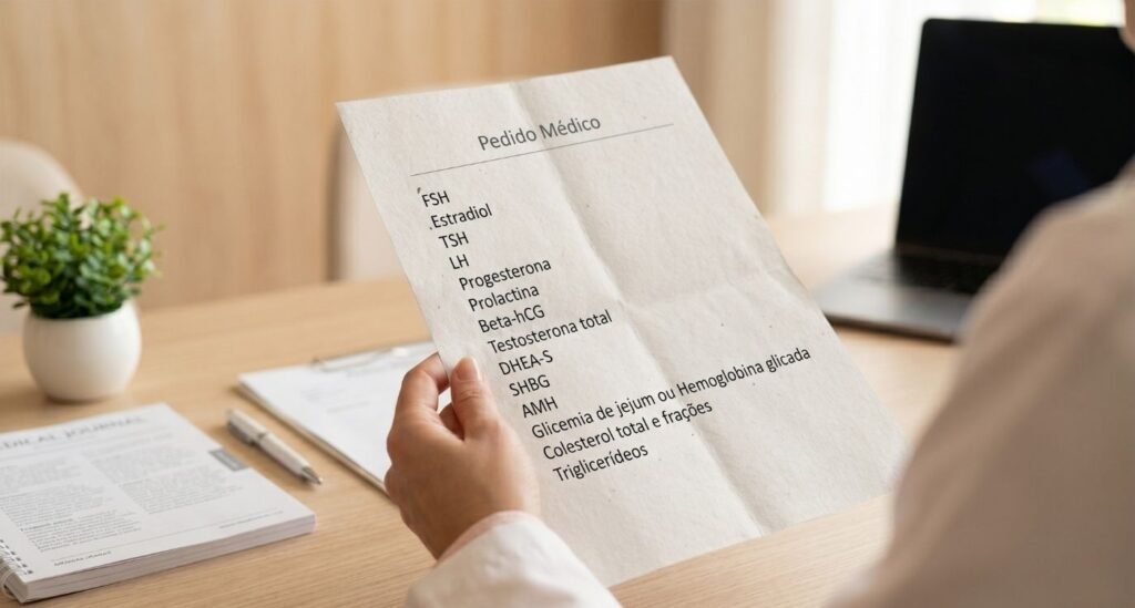 Solicitação médica com exames hormonais na menopausa sendo segurada por médica em consultório acolhedor.