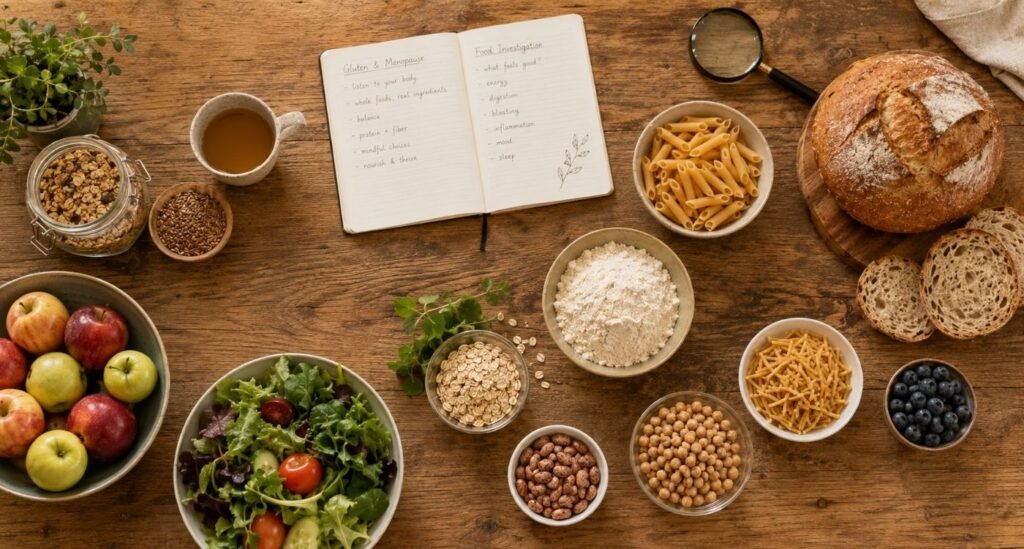 mesa dispondo diversos alimentos, representando o glúten na menopausa
