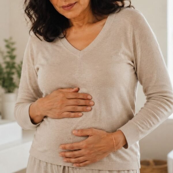 mulher com a mão no abdomen representando intestino irritável na menopausa.