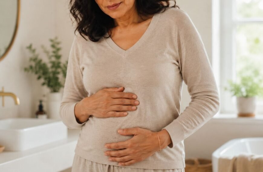 mulher com a mão no abdomen representando intestino irritável na menopausa.