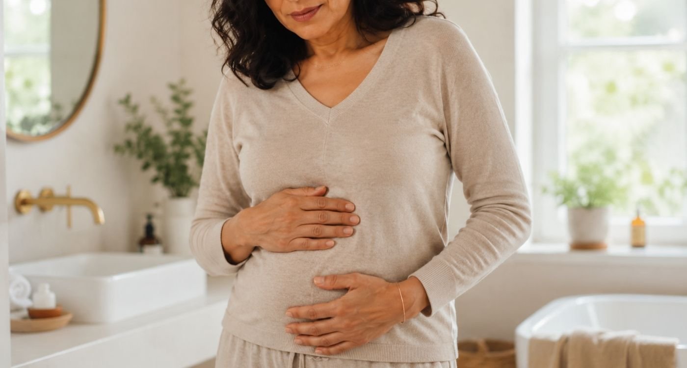 mulher com a mão no abdomen representando intestino irritável na menopausa.