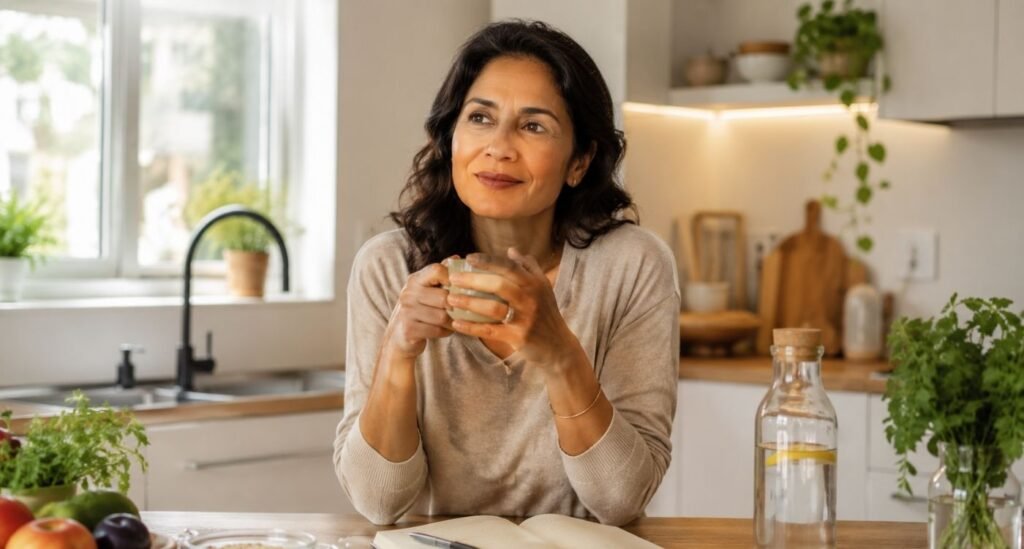 mulher 50+ em cozinha iluminada segurando xícara de chá, representando intestino irritável na menopausa.