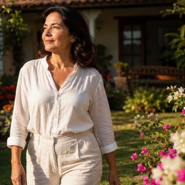 mulher caminhando no jardim com a luz do sol pegando em seu rosto representando a luz da manhã na menopausa