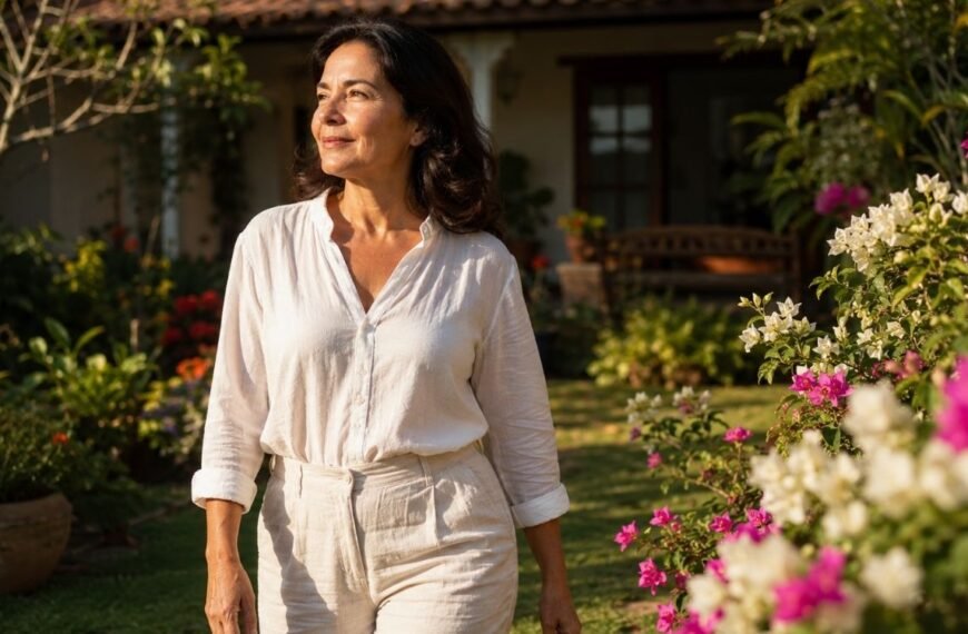 mulher caminhando no jardim com a luz do sol pegando em seu rosto representando a luz da manhã na menopausa