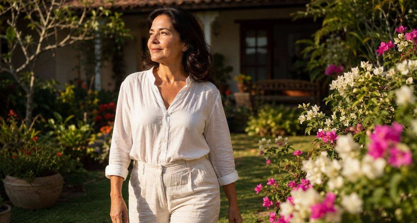 mulher caminhando no jardim com a luz do sol pegando em seu rosto representando a luz da manhã na menopausa