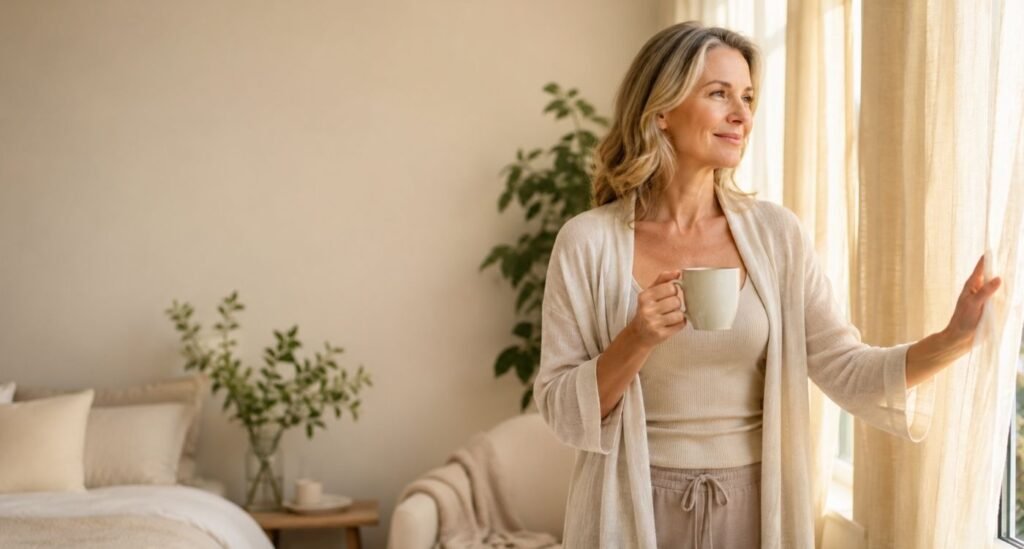mulher 40+ recebendo luz da manhã na menopausa em ambiente acolhedor e natural