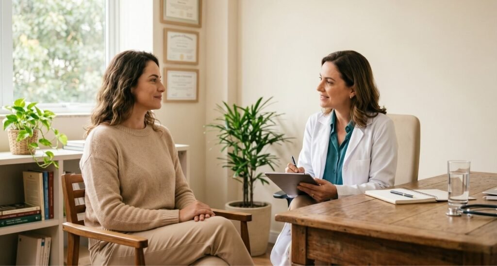 Mulher adulta em consulta médica recebendo orientações sobre menopausa cirúrgica após retirada dos ovários.
