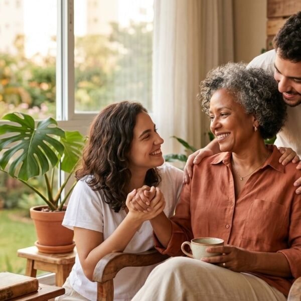 mãe 50+ em momento afetuoso com filhos, representando menopausa e maternidade com apoio familiar