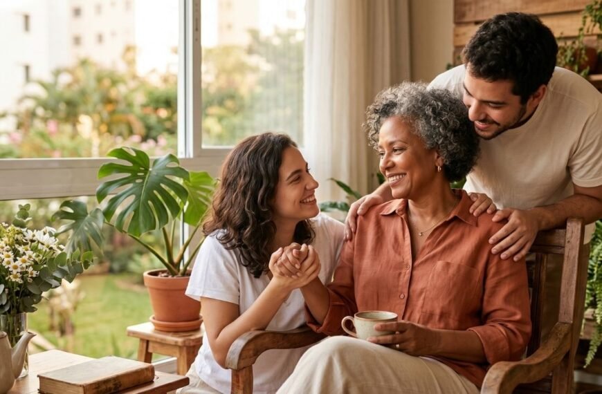 mãe 50+ em momento afetuoso com filhos, representando menopausa e maternidade com apoio familiar