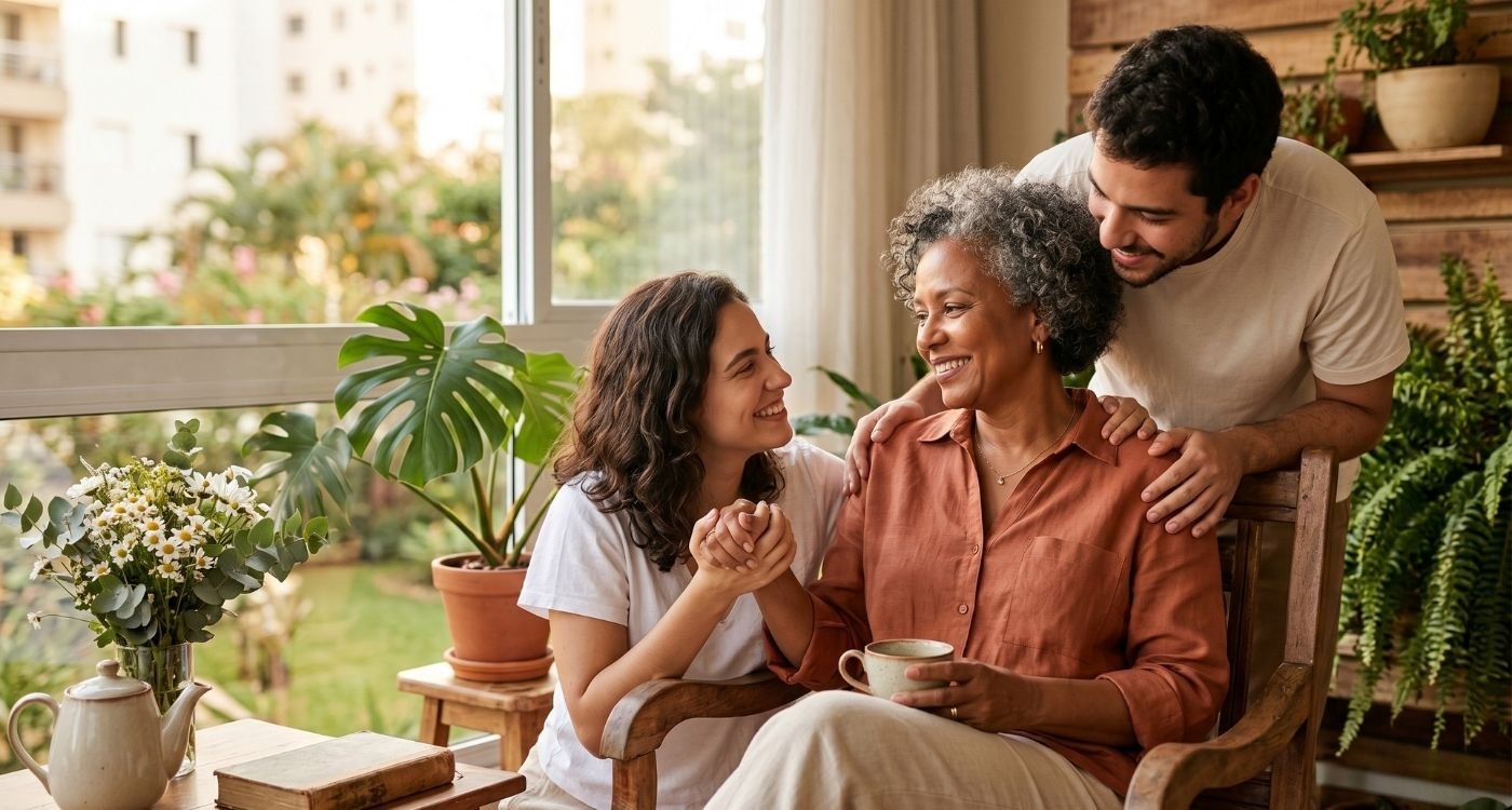 mãe 50+ em momento afetuoso com filhos, representando menopausa e maternidade com apoio familiar