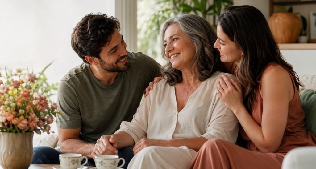 mãe 50+ em momento afetuoso com filhos, representando menopausa e maternidade com apoio familiar