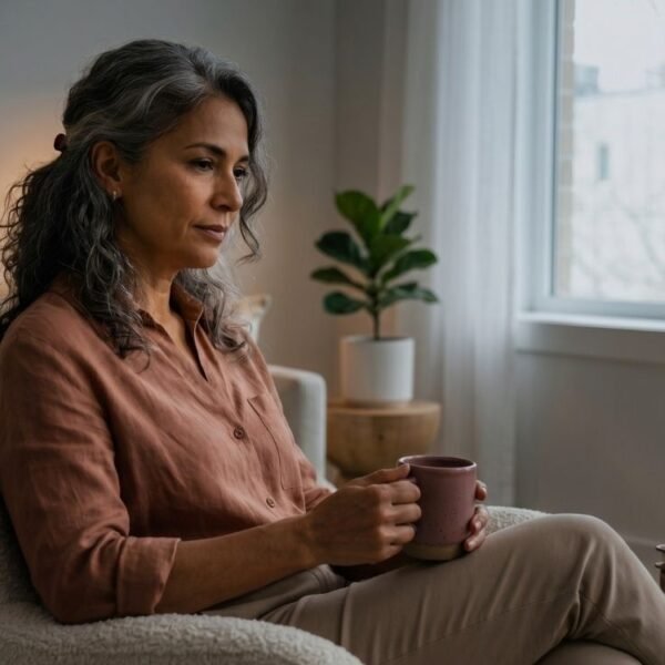 mulher madura em ambiente acolhedor refletindo sobre menopausa e saúde mental com expressão serena e apoio emocional
