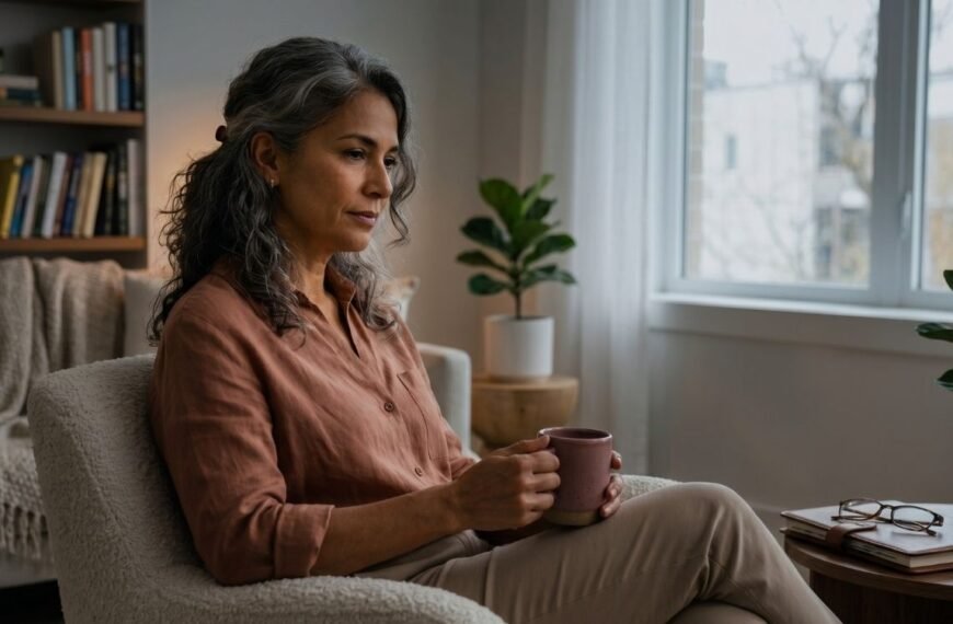 mulher madura em ambiente acolhedor refletindo sobre menopausa e saúde mental com expressão serena e apoio emocional