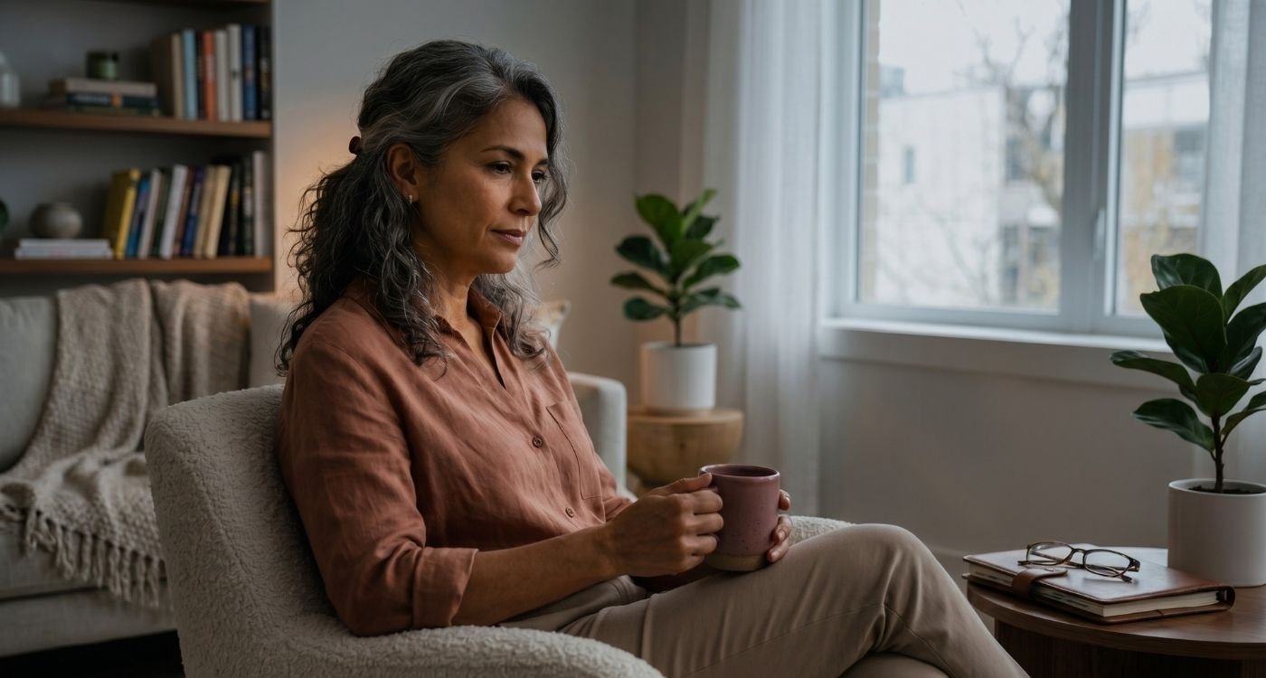 mulher madura em ambiente acolhedor refletindo sobre menopausa e saúde mental com expressão serena e apoio emocional