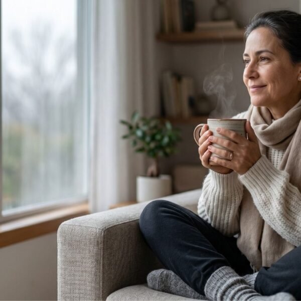 Uma mulher de meia-idade com roupas de inverno aconchegantes sorri enquanto segura uma caneca fumegante perto de uma janela chuvosa, relaxando em um sofá com as pernas cruzadas, representando a menopausa no frio