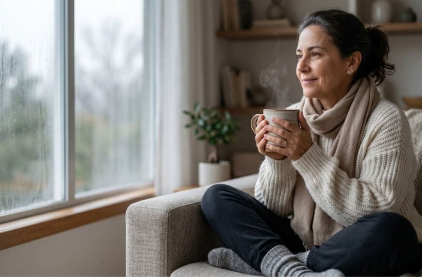 Uma mulher de meia-idade com roupas de inverno aconchegantes sorri enquanto segura uma caneca fumegante perto de uma janela chuvosa, relaxando em um sofá com as pernas cruzadas, representando a menopausa no frio