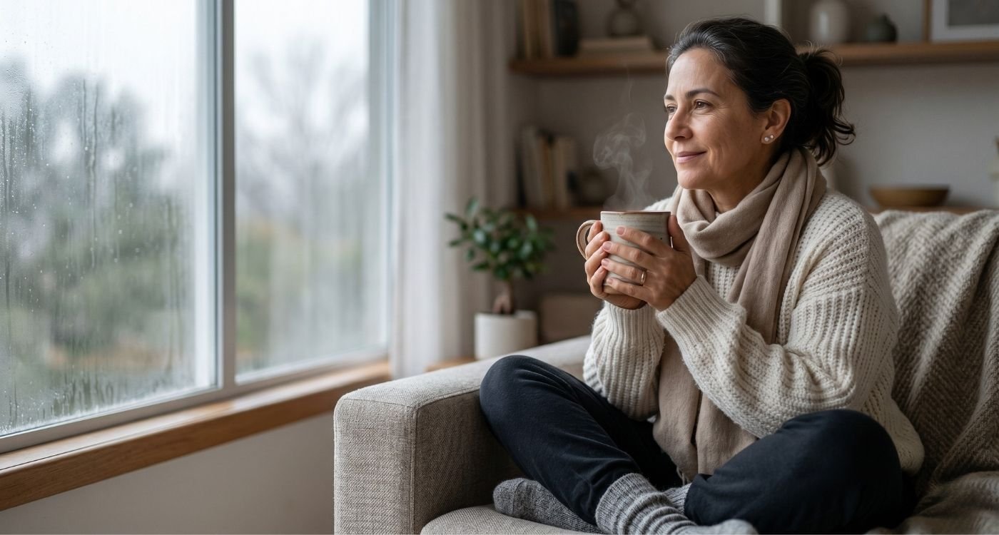 Uma mulher de meia-idade com roupas de inverno aconchegantes sorri enquanto segura uma caneca fumegante perto de uma janela chuvosa, relaxando em um sofá com as pernas cruzadas, representando a menopausa no frio