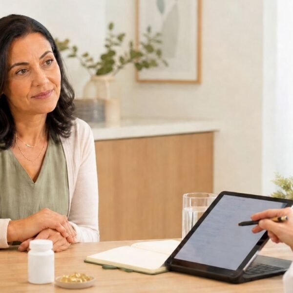 Mulher 50+ em consulta nutricional falando sobre ômega-3 na menopausa, saúde cardiovascular e suplementação segura.