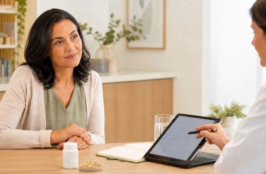 Mulher 50+ em consulta nutricional falando sobre ômega-3 na menopausa, saúde cardiovascular e suplementação segura.