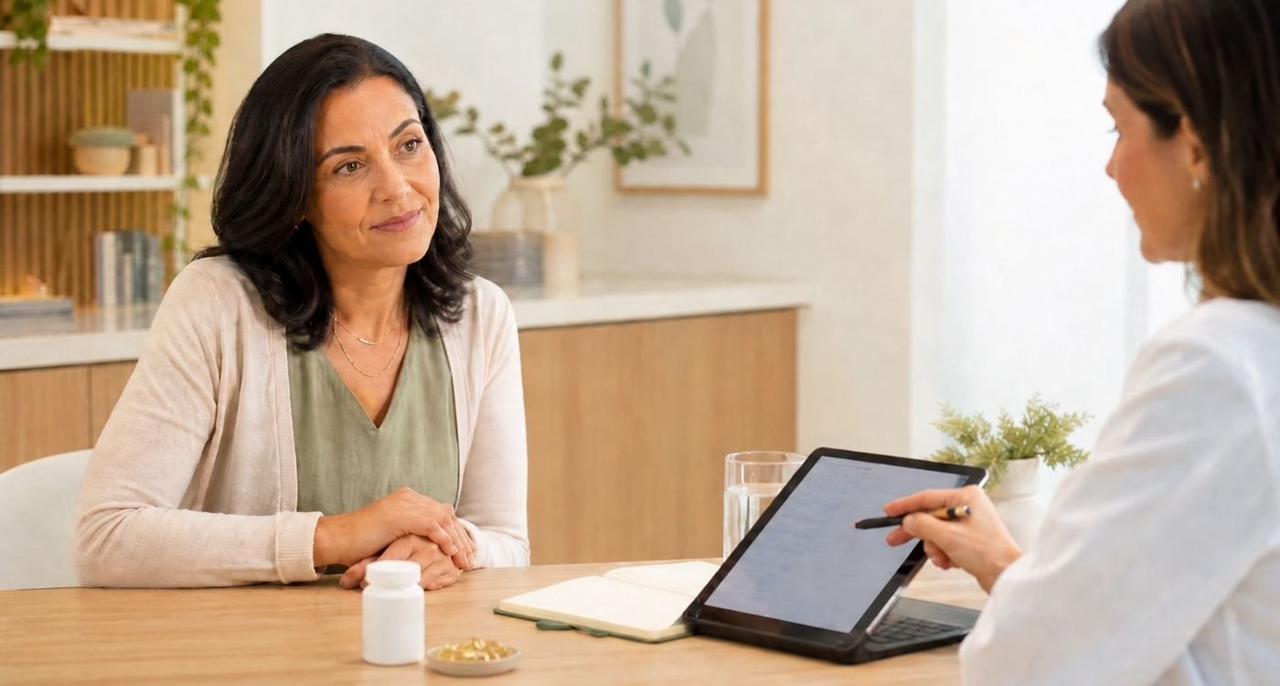 Mulher 50+ em consulta nutricional falando sobre ômega-3 na menopausa, saúde cardiovascular e suplementação segura.