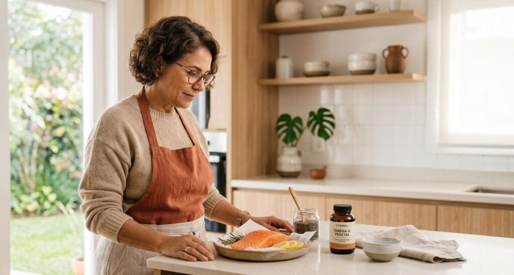 mulher preparando uma alimentação saúdavel, rica em ômega-3 na menopausa.