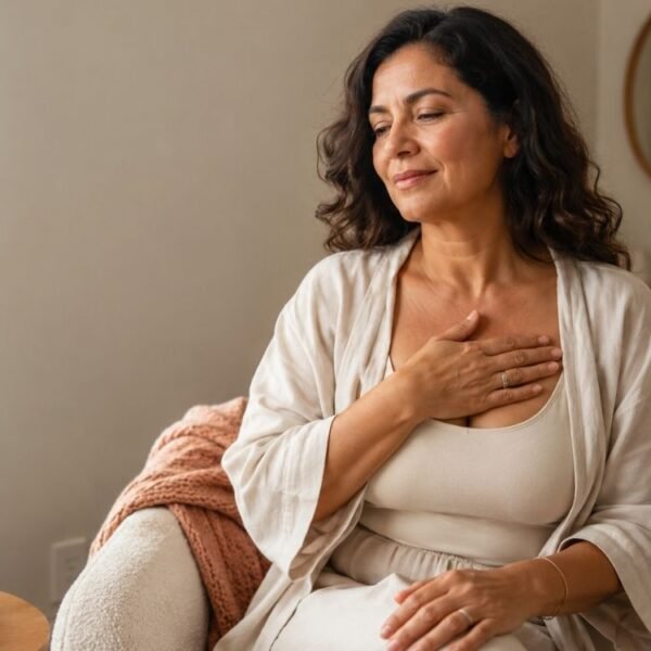 Mulher 40+ em momento de autocuidado e bem-estar refletindo sobre orgasmo na menopausa