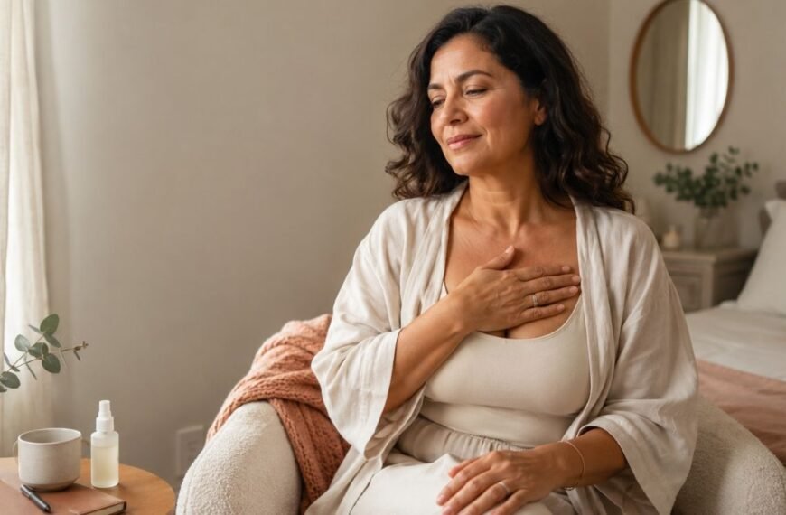 Mulher 40+ em momento de autocuidado e bem-estar refletindo sobre orgasmo na menopausa