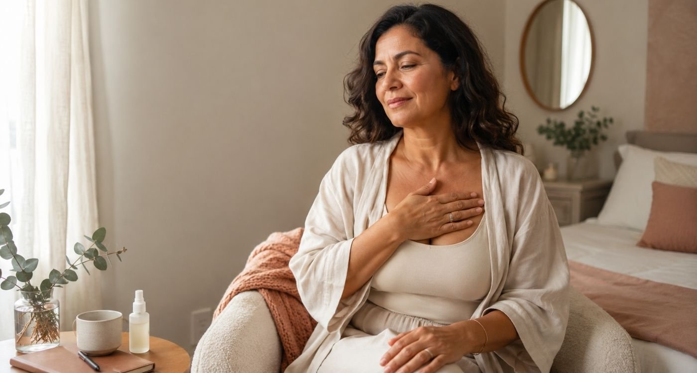 Mulher 40+ em momento de autocuidado e bem-estar refletindo sobre orgasmo na menopausa