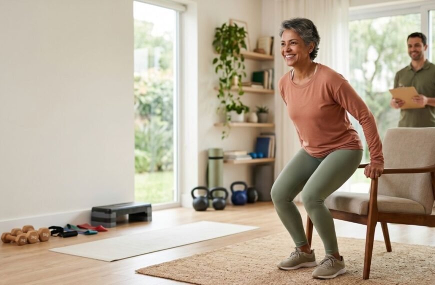 mulher 50+ treinando potência muscular na menopausa com exercício funcional seguro e orientado
