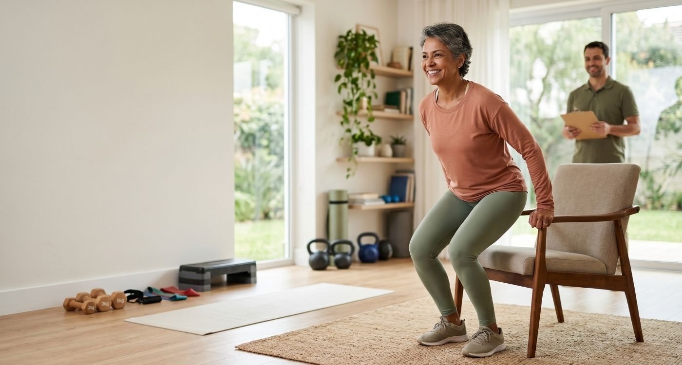 mulher 50+ treinando potência muscular na menopausa com exercício funcional seguro e orientado